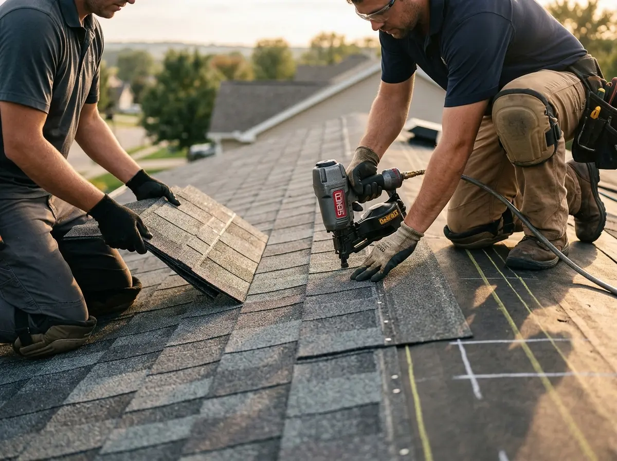 Professional roofer working on a residential roof in River Ridge